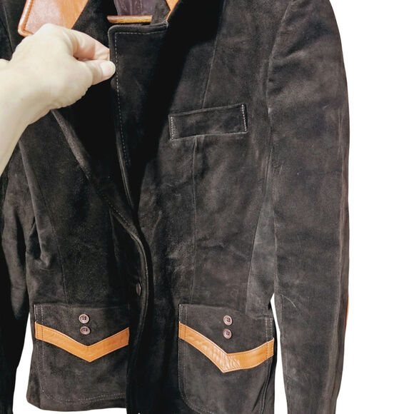 Genuine Leather Jacket Pockets Button Closure Vintage Elbow Patch Women's 13/14 - Picture 4 of 9